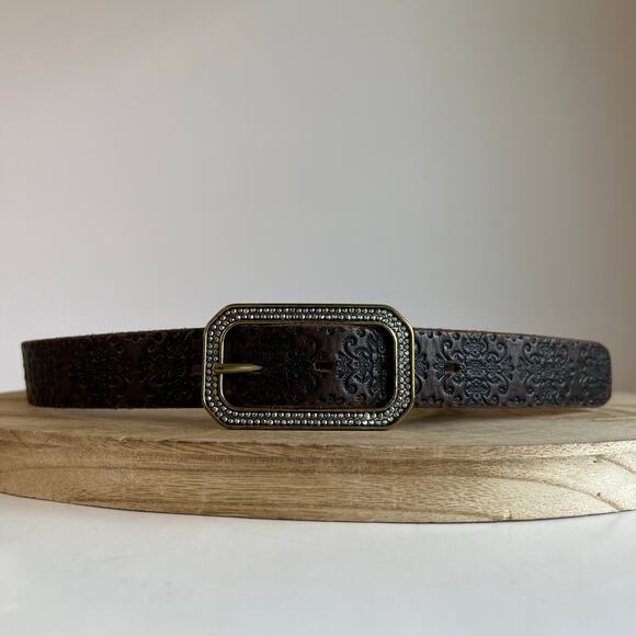Brown Genuine Italian Leather Embossed USA Brass Sparkle Buckle Belt Size S/M main image 4